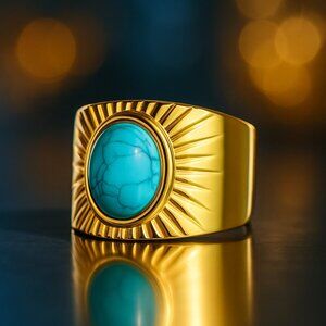 🆕️Sunburst Boho Chic 14K Gold Plated Adjustable Turquoise Statement Ring 🌞💙
